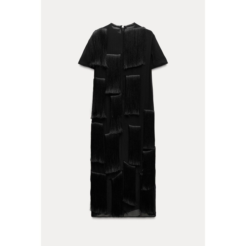 Zara Women ZW Collection Fringed Midi Dress Black Size Large 6895/262